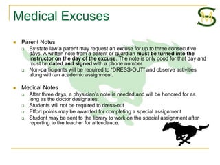 Medical Excuses
   Parent Notes
       By state law a parent may request an excuse for up to three consecutive
        days. A written note from a parent or guardian must be turned into the
        instructor on the day of the excuse. The note is only good for that day and
        must be dated and signed with a phone number
       Non-participants will be required to “DRESS-OUT” and observe activities
        along with an academic assignment.

   Medical Notes
       After three days, a physician’s note is needed and will be honored for as
        long as the doctor designates.
       Students will not be required to dress-out
       Effort points may be awarded for completing a special assignment
       Student may be sent to the library to work on the special assignment after
        reporting to the teacher for attendance.
 