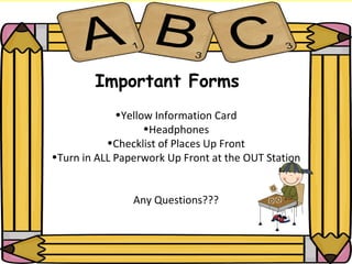 Important Forms Yellow Information Card Headphones Checklist of Places Up Front Turn in ALL Paperwork Up Front at the OUT Station Any Questions??? 