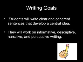 Writing Goals
• Students will write clear and coherent
sentences that develop a central idea.
• They will work on informative, descriptive,
narrative, and persuasive writing.
 