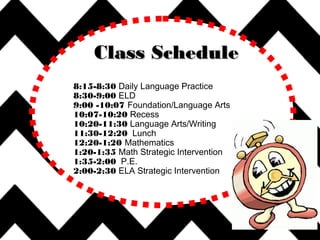 8:15-8:30 Daily Language Practice
8:30-9:00 ELD
9:00 -10:07 Foundation/Language Arts
10:07-10:20 Recess
10:20-11:30 Language Arts/Writing
11:30-12:20 Lunch
12:20-1:20 Mathematics
1:20-1:35 Math Strategic Intervention
1:35-2:00 P.E.
2:00-2:30 ELA Strategic Intervention
Class ScheduleClass Schedule
 