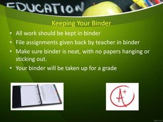 Keeping Your Binder
• All work should be kept in binder
• File assignments given back by teacher in binder
• Make sure binder is neat, with no papers hanging or
sticking out.
• Your binder will be taken up for a grade
 