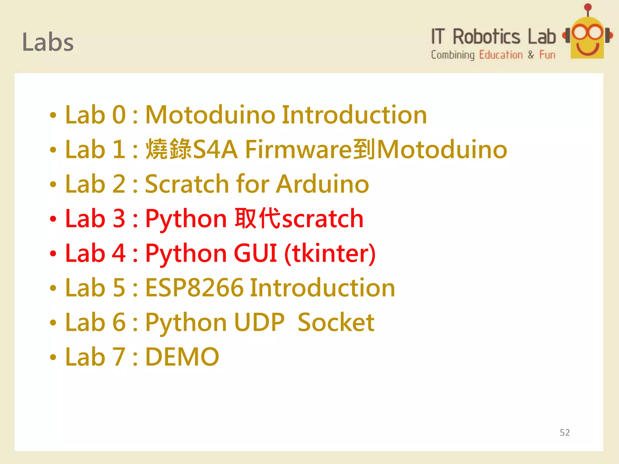 Labs
• Lab 0 : Motoduino Introduction
• Lab 1 : 燒錄S4A Firmware到Motoduino
• Lab 2 : Scratch for Arduino
• Lab 3 : Python 取代scratch
• Lab 4 : Python GUI (tkinter)
• Lab 5 : ESP8266 Introduction
• Lab 6 : Python UDP Socket
• Lab 7 : DEMO
52
 
