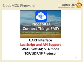 NodeMCU Firmware
UART Interface
Lua Script and API Support
Wi-Fi: Soft-AP, STA mode
TCP/UDP/IP Protocol
63
 