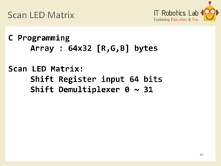 Scan LED Matrix
86
C Programming
Array : 64x32 [R,G,B] bytes
Scan LED Matrix:
Shift Register input 64 bits
Shift Demultiplexer 0 ~ 31
 