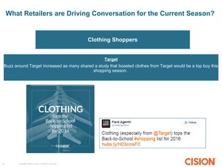 Copyright ©2015 Cision. All rights reserved.19
What Retailers are Driving Conversation for the Current Season?
Clothing Shoppers
Target
Buzz around Target increased as many shared a study that boasted clothes from Target would be a top buy this
shopping season.
 