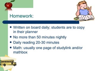 Homework: <ul><li>Written on board daily; students are to copy in their planner </li></ul><ul><li>No more than 50 minutes ...