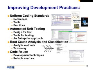 15
■Uniform Coding Standards
– References
– Tools
– Practices
■Automated Unit Testing
– Design for test
– Tools for testing
– An Enterprise approach
■Root Cause Analysis and Classification
– Analytic methods
– Taxonomy
■Code Reuse
– Development techniques
– Reliable sources
Improving Development Practices:
Top level categories :
• 0xxx Planning
• 1xxx Requirements and Features
• 2xxx Functionality as Implemented
• 3xxx Structural Bugs
• 4xxx Data
• 5xxx Implementation
• 6xxx Integration
• 7xxx Real-Time and Operating System
• 8xxx Test Definition or Execution Bugs
• 9xxx Other
 