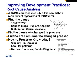 20
■A CMMI 5 practice area – but this should be a
requirement regardless of CMMI level.
■Find the cause
– “Five Whys”
– Kepner-Trego Problem Analysis
– IBM: Defect Causal Analysis
■Fix the cause => change the process
■Fix the problem: use the changed process
■How to Preserve Knowledge?
– Classify Root Causes
– Look for patterns
– Metrics: Statistics, Pareto Diagrams
Improving Development Practices:
Root Cause Analysis
Top level categories :
• 0xxx Planning
• 1xxx Requirements and Features
• 2xxx Functionality as Implemented
• 3xxx Structural Bugs
• 4xxx Data
• 5xxx Implementation
• 6xxx Integration
• 7xxx Real-Time and Operating System
• 8xxx Test Definition or Execution Bugs
• 9xxx Other
 