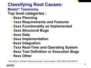 22
Top level categories :
• 0xxx Planning
• 1xxx Requirements and Features
• 2xxx Functionality as Implemented
• 3xxx Structural Bugs
• 4xxx Data
• 5xxx Implementation
• 6xxx Integration
• 7xxx Real-Time and Operating System
• 8xxx Test Definition or Execution Bugs
• 9xxx Other
Classifying Root Causes:
Beizer* Taxonomy
* Boris Beizer, "Software Testing Techniques", Second edition, 1990, ISBN-0-442-20672-0
 