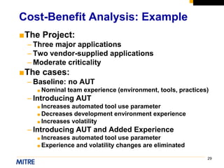 29
■The Project:
– Three major applications
– Two vendor-supplied applications
– Moderate criticality
■The cases:
– Baseline: no AUT
■ Nominal team experience (environment, tools, practices)
– Introducing AUT
■ Increases automated tool use parameter
■ Decreases development environment experience
■ Increases volatility
– Introducing AUT and Added Experience
■ Increases automated tool use parameter
■ Experience and volatility changes are eliminated
Cost-Benefit Analysis: Example
 