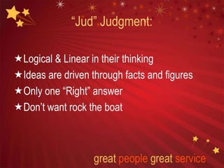 “Jud” Judgment:
Logical & Linear in their thinking
Ideas are driven through facts and figures
Only one “Right” answer
Don’t want rock the boat
 