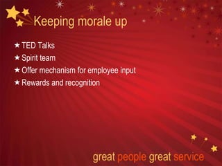 Keeping morale up
TED Talks
Spirit team
Offer mechanism for employee input
Rewards and recognition
 