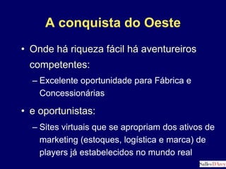 Touch and FeelO E-Commerce é mais que tendência. É certezaTudo que se pode comprar e fazer no mundo real será possível comprar e fazer na Internet, até escolher e comprar um carroCom diferenças e nuances: bens duráveis (autos, som, TV, filmadoras, etc) exigem ponto de venda, vendedores e contato pessoal