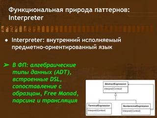 Функциональная природа паттернов:
Interpreter
● Interpreter: внутренний исполняемый
предметно-ориентированный язык
➢ В ФП: алгебраические
типы данных (ADT),
встроенные DSL,
сопоставление с
образцом, Free Monad,
парсинг и трансляция
 