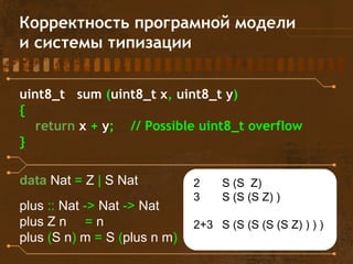 Корректность програмной модели
и системы типизации
uint8_t sum (uint8_t x, uint8_t y)
{
return x + y; // Possible uint8_t overflow
}
data Nat = Z | S Nat
plus :: Nat -> Nat -> Nat
plus Z n = n
plus (S n) m = S (plus n m)
2 S (S Z)
3 S (S (S Z) )
2+3 S (S (S (S (S Z) ) ) )
 
