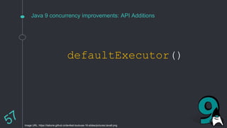 Java 9 concurrency improvements: API Additions
defaultExecutor()
Image URL: https://ilaborie.github.io/devfest-toulouse-16-slides/pictures/Java9.png
 