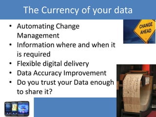The Currency of your data
• Automating Change
  Management
• Information where and when it
  is required
• Flexible digital delivery
• Data Accuracy Improvement
• Do you trust your Data enough
  to share it?
 