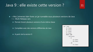 Java 9 : elle existe cette version ?
 « Moi j’aimerais bien livrer un jar runnable sous plusieurs versions de Java
! » : Multi Release Jars
 Permet d’avoir plusieurs versions d’une même classe
 Compilées avec des versions différentes de Java
 A partir de la version 9
31
 