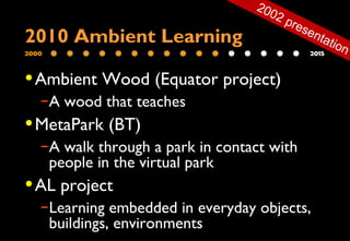 2000 2015
2010 Ambient Learning
•Ambient Wood (Equator project)
–A wood that teaches
•MetaPark (BT)
–A walk through a park in contact with
people in the virtual park
•AL project
–Learning embedded in everyday objects,
buildings, environments
2002 presentation
 