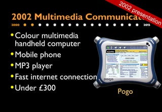 2000 2015
2002 Multimedia Communicator
•Colour multimedia
handheld computer
•Mobile phone
•MP3 player
•Fast internet connection
•Under £300 Pogo
2002 presentation
 
