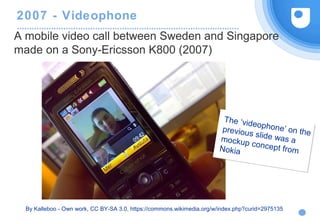 2007 - Videophone
By Kalleboo - Own work, CC BY-SA 3.0, https://commons.wikimedia.org/w/index.php?curid=2975135
A mobile video call between Sweden and Singapore
made on a Sony-Ericsson K800 (2007)
The ‘videophone’ on theprevious slide was amockup concept fromNokia
 