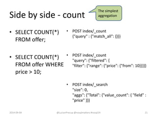 Side by side - count
• SELECT COUNT(*)
FROM offer;
• SELECT COUNT(*)
FROM offer WHERE
price > 10;
• POST index/_count
{"query" : {"match_all": {}}}
• POST index/_count
"query": {"filtered": {
"filter": {"range": {"price": {"from": 10}}}}}
• POST index/_search
"size": 0,
"aggs": {"Total": {"value_count": { "field" :
"price" }}}
2014-09-04 @LucianPrecup @nosqlmatters #nosql14 21
The simplest
aggregation
 