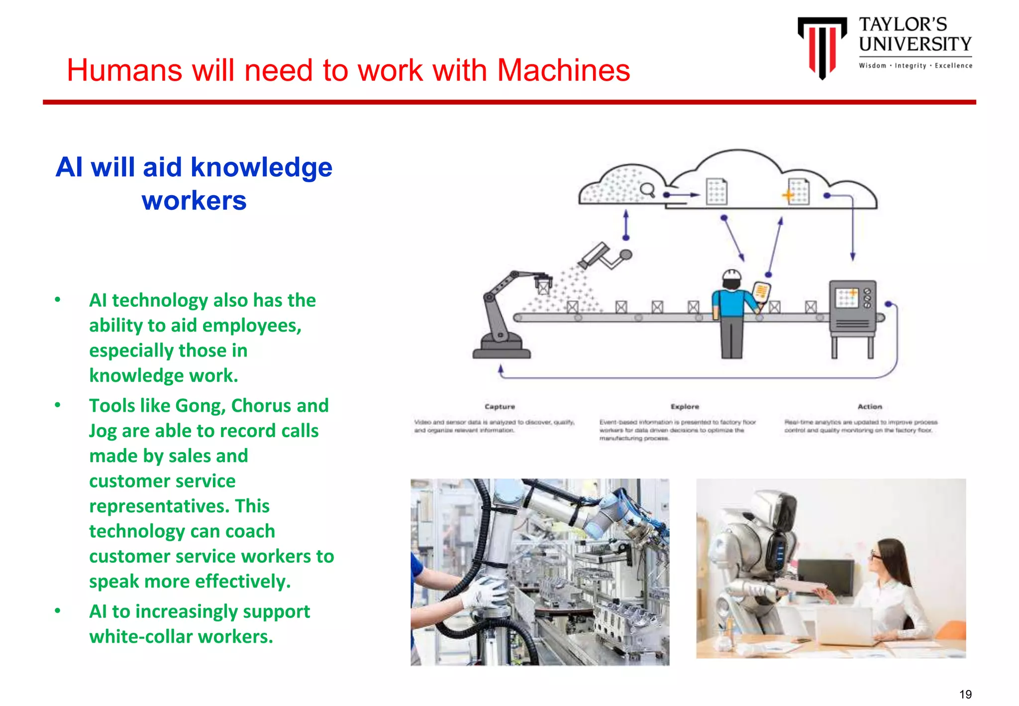 19
AI will aid knowledge
workers
• AI technology also has the
ability to aid employees,
especially those in
knowledge work.
• Tools like Gong, Chorus and
Jog are able to record calls
made by sales and
customer service
representatives. This
technology can coach
customer service workers to
speak more effectively.
• AI to increasingly support
white-collar workers.
Humans will need to work with Machines
 