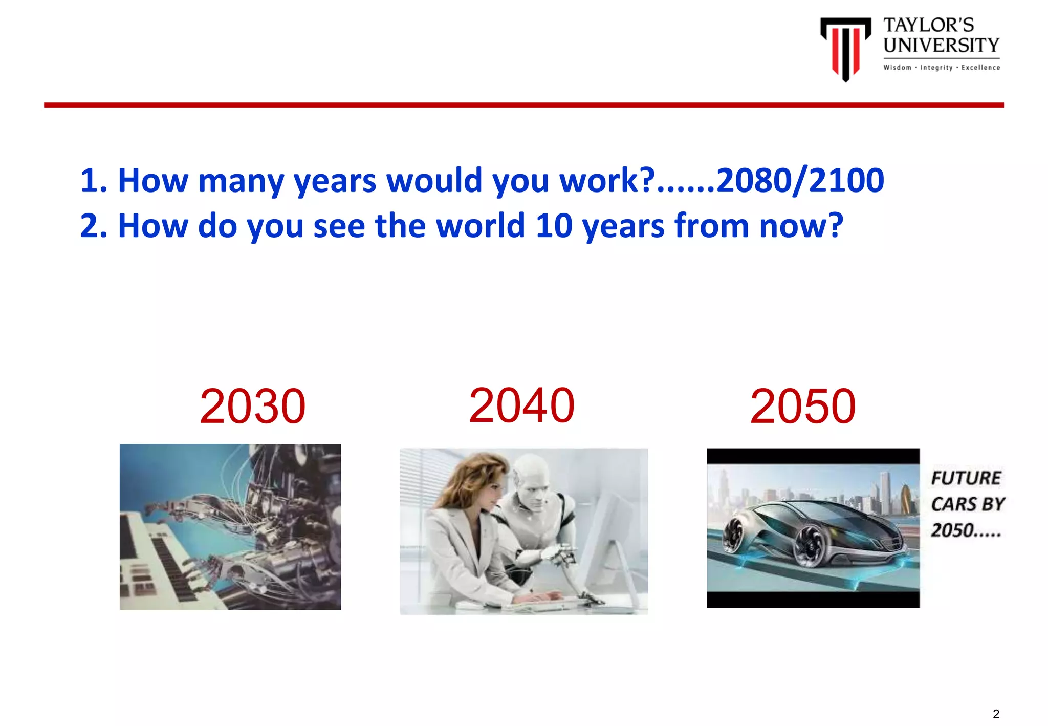 2
1. How many years would you work?......2080/2100
2. How do you see the world 10 years from now?
2030 2040 2050
 