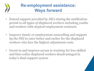 Re-employment assistance:
Ways forward
• Extend support provided by JSCs during the notification
period to all types of displaced workers including youths
and workers with atypical employment contracts
• Improve timely re-employment counselling and support
by the PES to cater better and earlier for the displaced
workers who face the highest adjustment costs
• Invest in and improve access to training for low-skilled
and blue-collar displaced workers disadvantaged in
today’s dual-support system
 