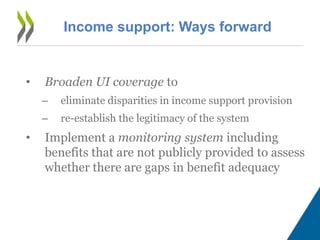 • Broaden UI coverage to
– eliminate disparities in income support provision
– re-establish the legitimacy of the system
• Implement a monitoring system including
benefits that are not publicly provided to assess
whether there are gaps in benefit adequacy
Income support: Ways forward
 