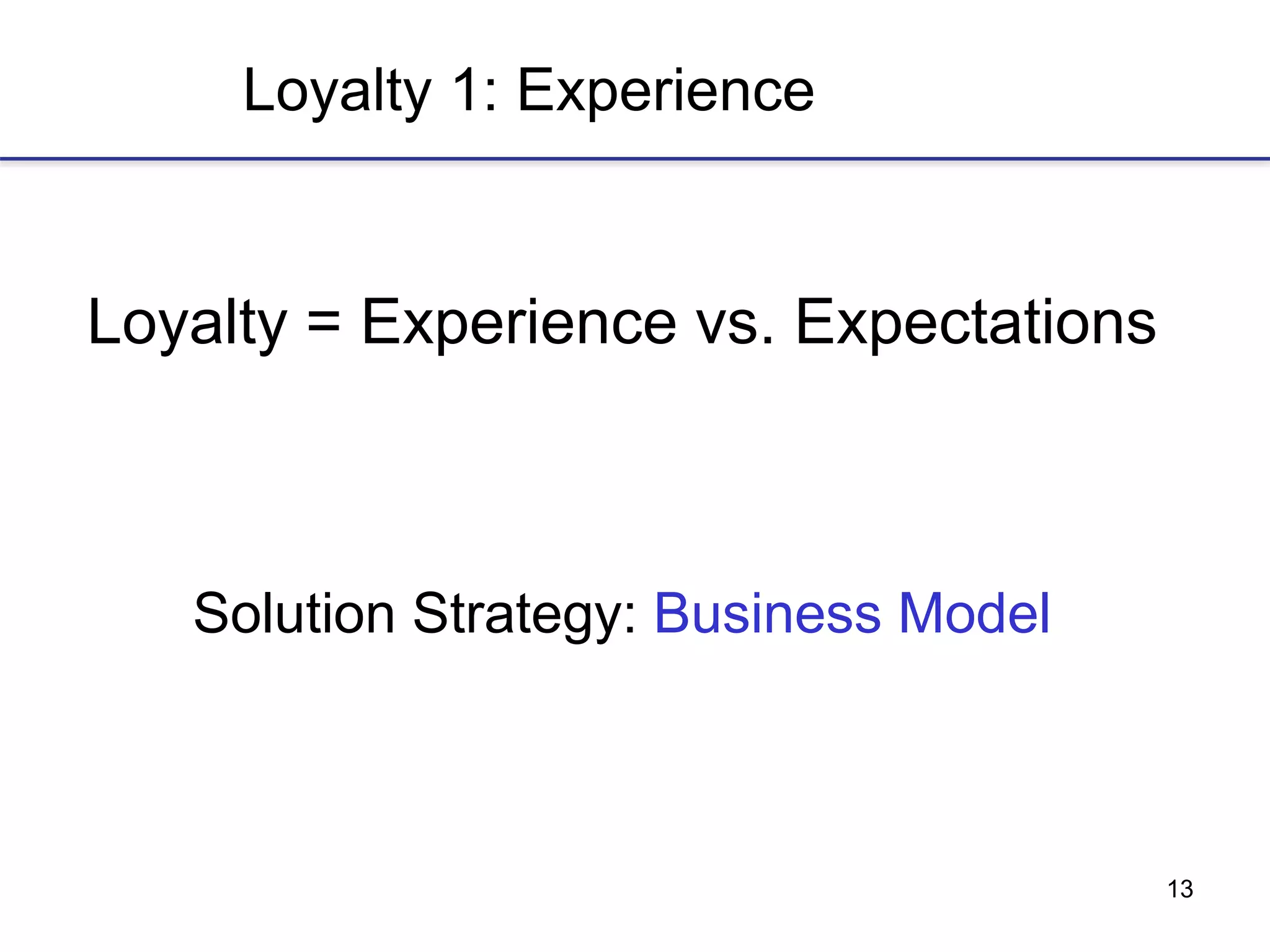 13
Loyalty 1: Experience
Loyalty = Experience vs. Expectations
Solution Strategy: Business Model
 