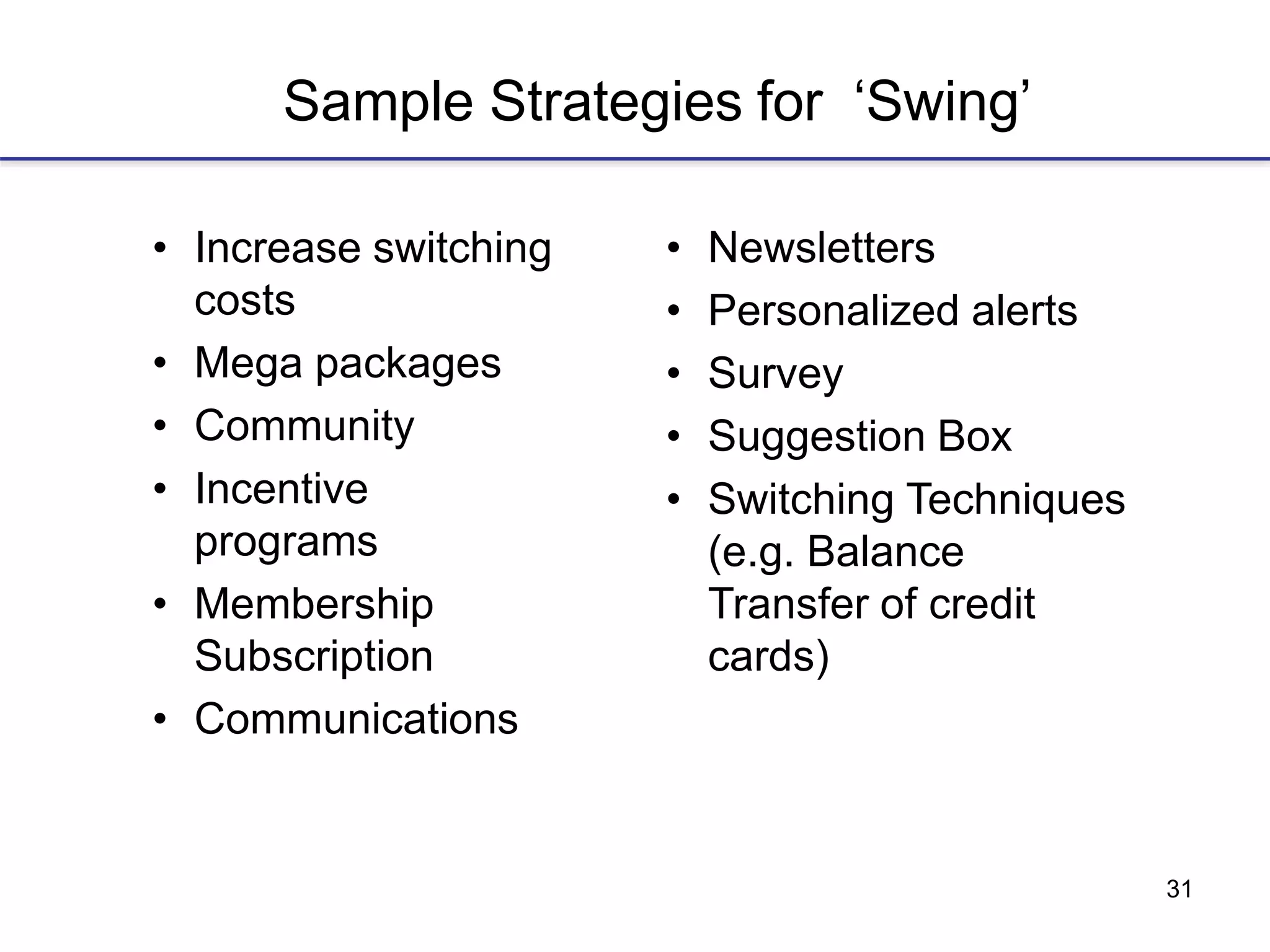 31
Sample Strategies for ‘Swing’
• Increase switching
costs
• Mega packages
• Community
• Incentive
programs
• Membership
Subscription
• Communications
• Newsletters
• Personalized alerts
• Survey
• Suggestion Box
• Switching Techniques
(e.g. Balance
Transfer of credit
cards)
 