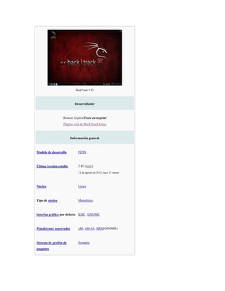 BackTrack 5 R2
Desarrollador
'Remote ExploitTexto en negrita'
Página web de BackTrack Linux
Información general
Modelo de desarrollo FOSS
Última versión estable 5 R3 (info)
13 de agosto de 2012; hace 11 meses
Núcleo Linux
Tipo de núcleo Monolítico
Interfaz gráfica por defecto KDE , GNOME
Plataformas soportadas x86, x86-64, ARM(GNOME)
Sistema de gestión de
paquetes
Synaptic
 