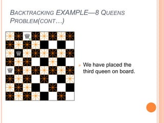 BACKTRACKING EXAMPLE—8 QUEENS
PROBLEM(CONT…)
 We have placed the
third queen on board.
 