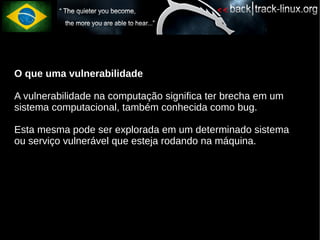 O que uma vulnerabilidade

A vulnerabilidade na computação significa ter brecha em um
sistema computacional, também conhecida como bug.

Esta mesma pode ser explorada em um determinado sistema
ou serviço vulnerável que esteja rodando na máquina.
 