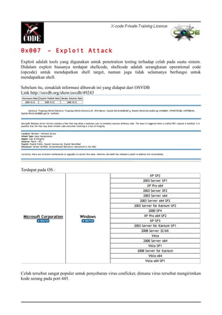 0x007 – Exploit Attack
Exploit adalah tools yang digunakan untuk penetration testing terhadap celah pada suatu sistem.
Didalam exploit biasanya terdapat shellcode, shellcode adalah serangkaian operational code
(opcode) untuk mendapatkan shell target, namun juga tidak selamanya berfungsi untuk
mendapatkan shell.
Sebelum itu, simaklah informasi dibawah ini yang didapat dari OSVDB
Link http://osvdb.org/show/osvdb/49243
Terdapat pada OS :
Celah tersebut sangat populer untuk penyebaran virus conficker, dimana virus tersebut mengirimkan
kode serang pada port 445.
 