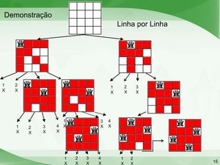 Demonstração
                                        Linha por Linha




1   2                               1        2       3
X   X                               X        X       X




                    1           3   4
    1   2   3   4   X           X   X
    X   X   X   X




                    1   2   3   4        1       2
                    X   X   X   X                         15
 