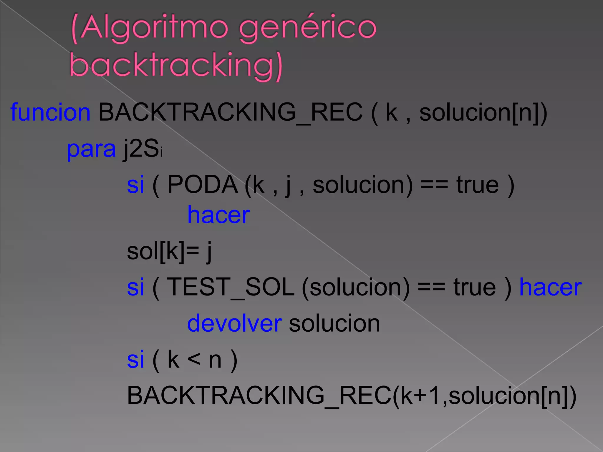 funcion BACKTRACKING_REC ( k , solucion[n])
para j2Si
si ( PODA (k , j , solucion) == true )
hacer
sol[k]= j
si ( TEST_SOL (solucion) == true ) hacer
devolver solucion
si ( k < n )
BACKTRACKING_REC(k+1,solucion[n])
 