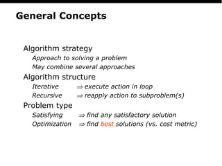 PS
2
General Concepts
Algorithm strategy
Approach to solving a problem
May combine several approaches
Algorithm structure
Iterative ⇒ execute action in loop
Recursive ⇒ reapply action to subproblem(s)
Problem type
Satisfying ⇒ find any satisfactory solution
Optimization ⇒ find best solutions (vs. cost metric)
 