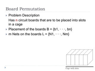 Board Permutation
 Problem Description
Has n circuit boards that are to be placed into slots
in a cage
 Placement of the boards B = {b1, · · ·, bn}
 m Nets on the boards L = {N1, · · ·, Nm}
 