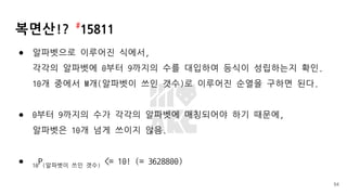 복면산!? #
15811
● 알파벳으로 이루어진 식에서,
각각의 알파벳에 0부터 9까지의 수를 대입하여 등식이 성립하는지 확인.
10개 중에서 M개(알파벳이 쓰인 갯수)로 이루어진 순열을 구하면 된다.
● 0부터 9까지의 수가 각각의 알파벳에 매칭되어야 하기 때문에,
알파벳은 10개 넘게 쓰이지 않음.
● 10
P(알파벳이 쓰인 갯수)
<= 10! (= 3628800)
54
 