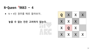 N-Queen #
9663 - 4
● N = 4인 경우를 예로 들어보자.
놓을 수 없는 칸은 고려하지 않는다.
59
Q X X X
X X X
X Q X
X X X X
 