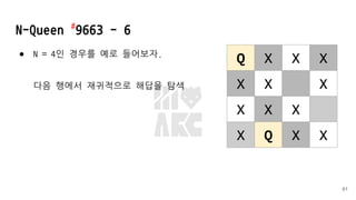 N-Queen #
9663 - 6
● N = 4인 경우를 예로 들어보자.
다음 행에서 재귀적으로 해답을 탐색
61
Q X X X
X X X
X X X
X Q X X
 
