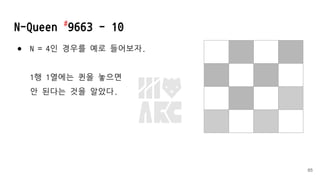 N-Queen #
9663 - 10
● N = 4인 경우를 예로 들어보자.
1행 1열에는 퀸을 놓으면
안 된다는 것을 알았다.
65
 