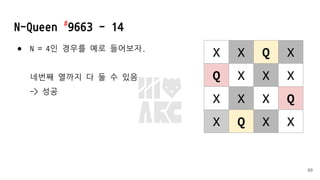 ● N = 4인 경우를 예로 들어보자.
네번째 열까지 다 둘 수 있음
-> 성공
N-Queen #
9663 - 14
69
X X Q X
Q X X X
X X X Q
X Q X X
 