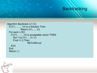 Backtracking
Algorithm Backtrack (v1,Vi)
If (V1,……., Vi) is a Solution Then
Return (V1,…, Vi)
For each v DO
If (V1,…….,Vi) is acceptable vector THEN
Sol = try (V1,…,Vi, V)
If sol != () Then
RETURN sol
End
End
Return ( )
 