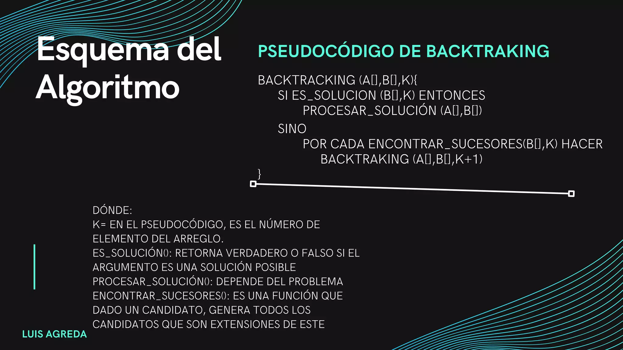 Esquema del
Algoritmo
LUIS AGREDA
PSEUDOCÓDIGO DE BACKTRAKING
BACKTRACKING (A[],B[],K){
SI ES_SOLUCION (B[],K) ENTONCES
PROCESAR_SOLUCIÓN (A[],B[])
SINO
POR CADA ENCONTRAR_SUCESORES(B[],K) HACER
BACKTRAKING (A[],B[],K+1)
}
DÓNDE:
K= EN EL PSEUDOCÓDIGO, ES EL NÚMERO DE
ELEMENTO DEL ARREGLO.
ES_SOLUCIÓN(): RETORNA VERDADERO O FALSO SI EL
ARGUMENTO ES UNA SOLUCIÓN POSIBLE
PROCESAR_SOLUCIÓN(): DEPENDE DEL PROBLEMA
ENCONTRAR_SUCESORES(): ES UNA FUNCIÓN QUE
DADO UN CANDIDATO, GENERA TODOS LOS
CANDIDATOS QUE SON EXTENSIONES DE ESTE
 