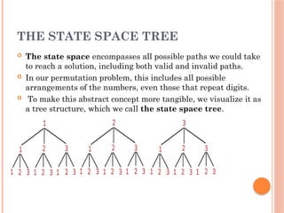 THE STATE SPACE TREE
 The state space encompasses all possible paths we could take
to reach a solution, including both valid and invalid paths.
 In our permutation problem, this includes all possible
arrangements of the numbers, even those that repeat digits.
 To make this abstract concept more tangible, we visualize it as
a tree structure, which we call the state space tree.
 