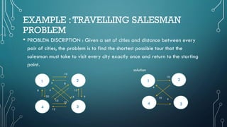 EXAMPLE :TRAVELLING SALESMAN
PROBLEM
• PROBLEM DISCRIPTION : Given a set of cities and distance between every
pair of cities, the problem is to find the shortest possible tour that the
salesman must take to visit every city exactly once and return to the starting
point.
1
34
2
10
9
6
10
solution
 
